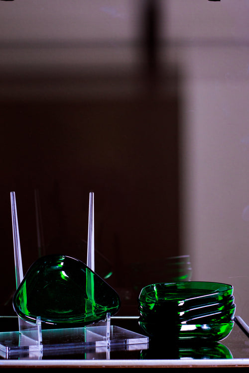 Emerald glass dish set x5